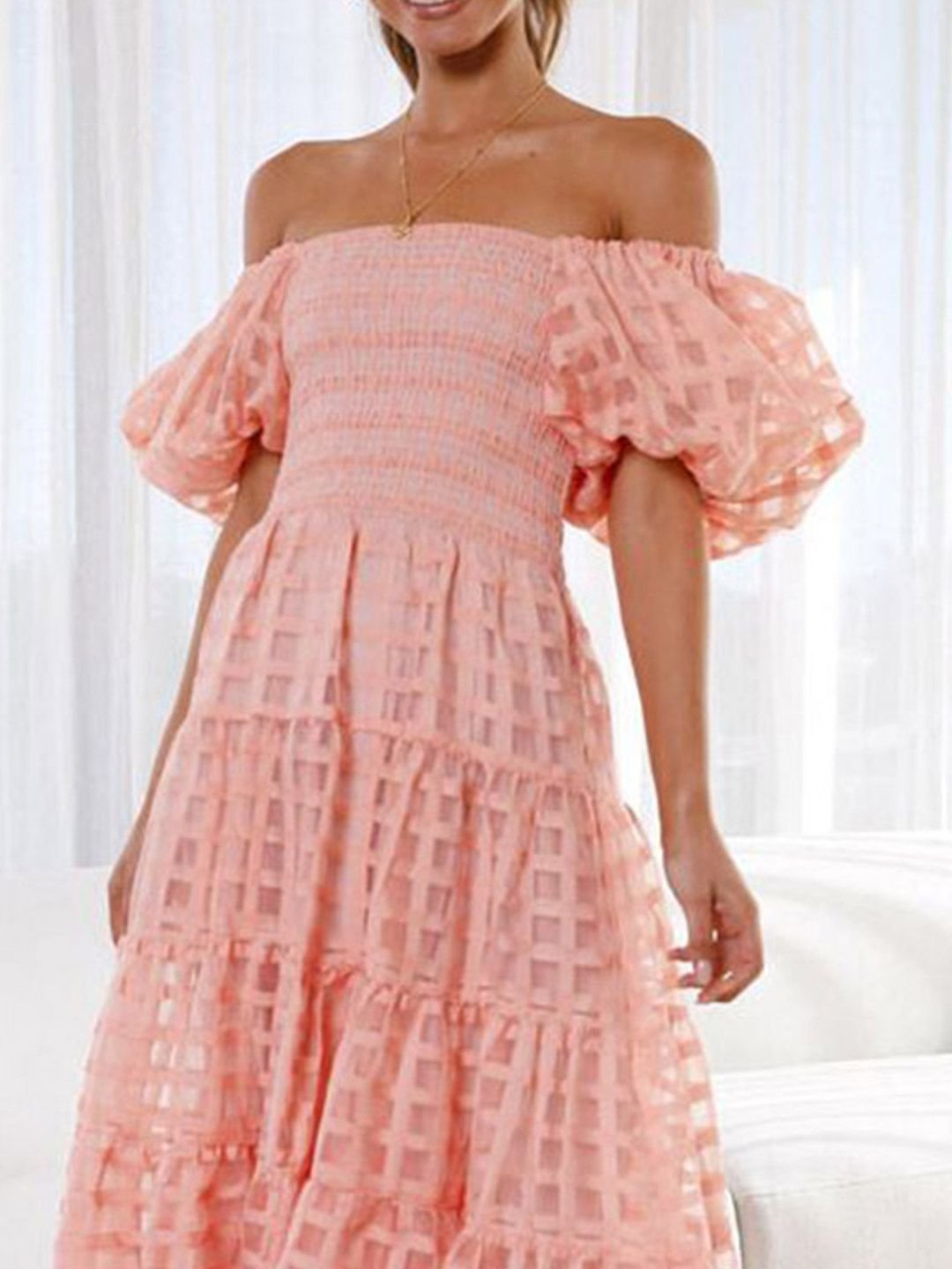 Peach Checked Off Shoulder Neck Tiered Midi Dress