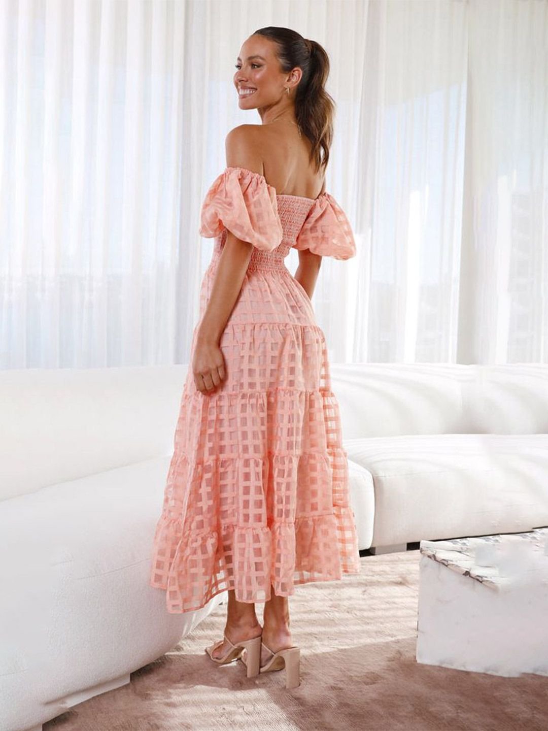Peach Checked Off Shoulder Neck Tiered Midi Dress