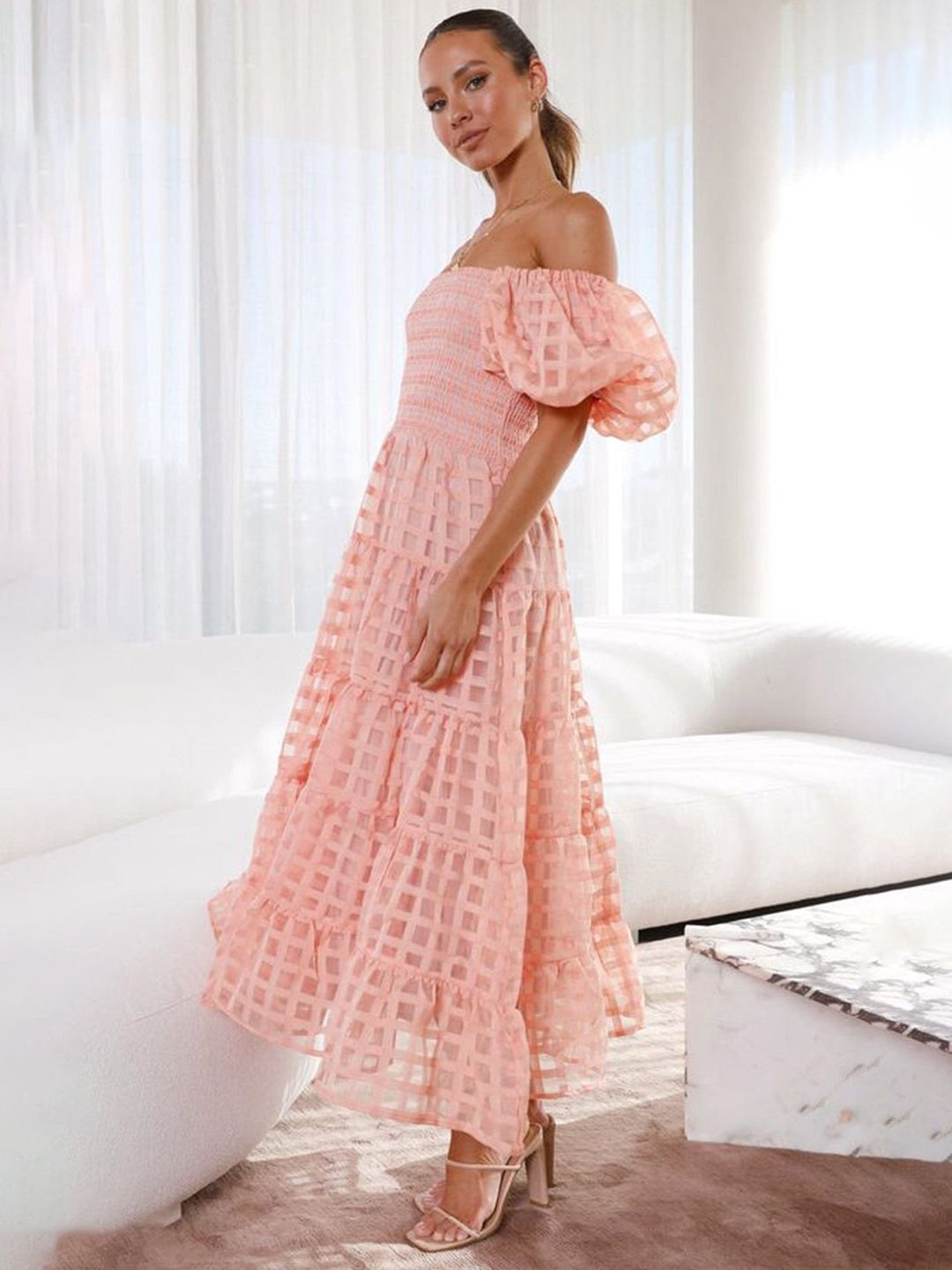 Peach Checked Off Shoulder Neck Tiered Midi Dress