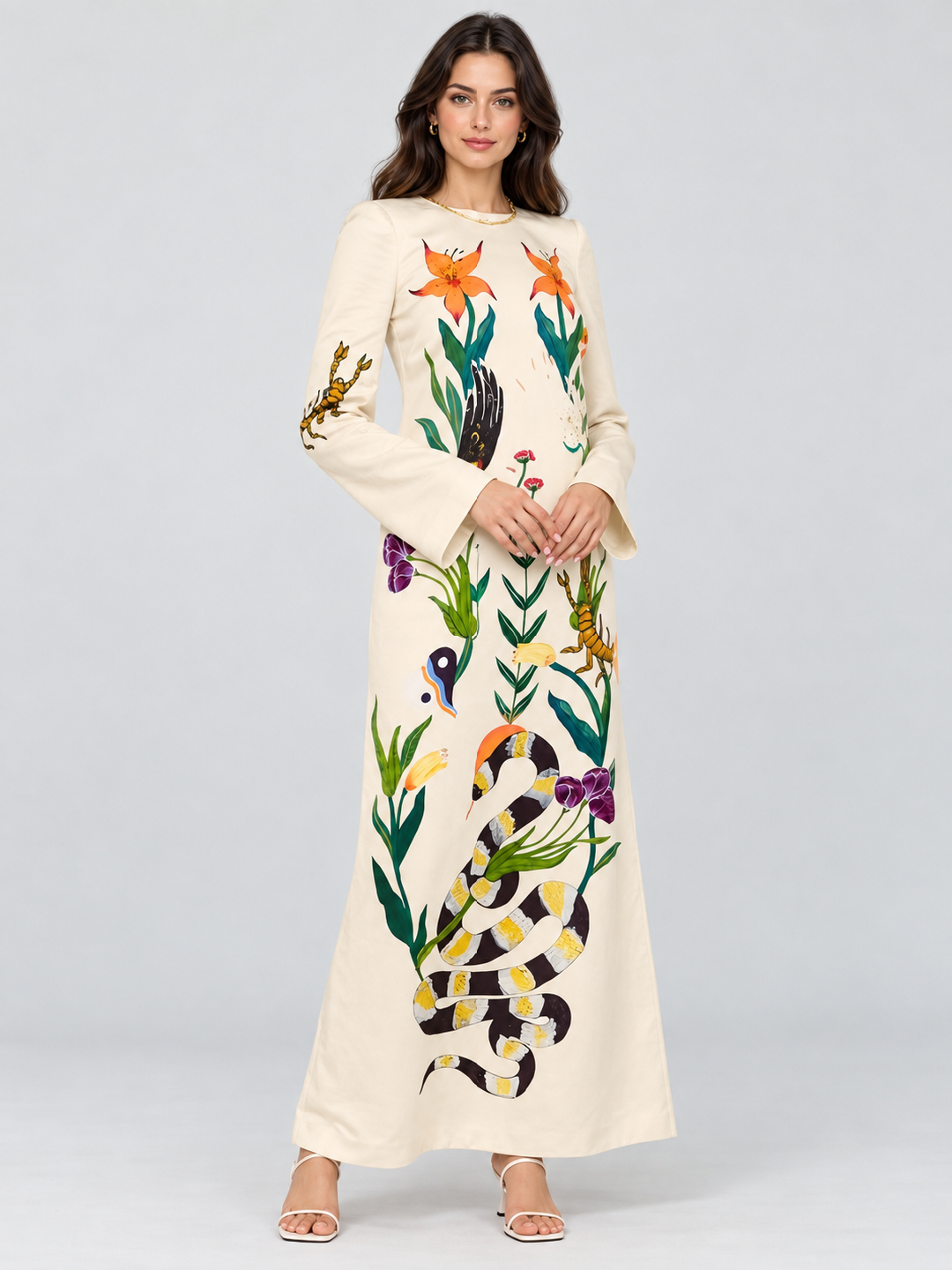 Off White Printed Round Neck Sheath Maxi Dress