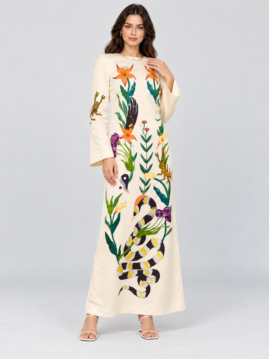 Off White Printed Round Neck Sheath Maxi Dress