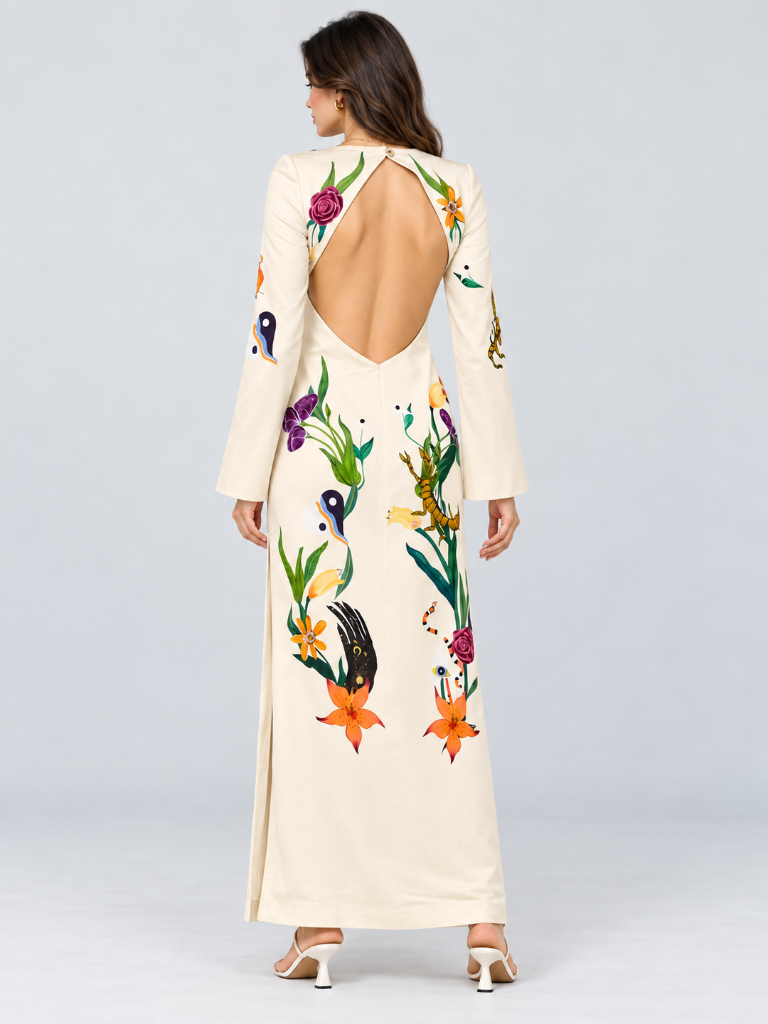 Off White Printed Round Neck Sheath Maxi Dress