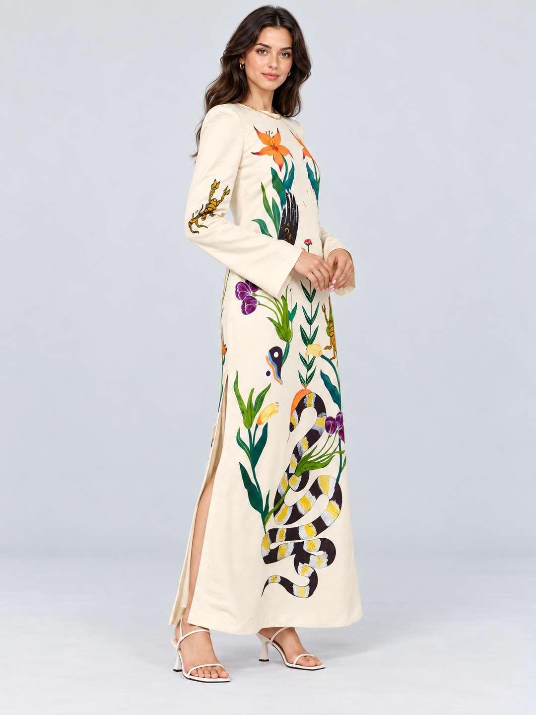 Off White Printed Round Neck Sheath Maxi Dress