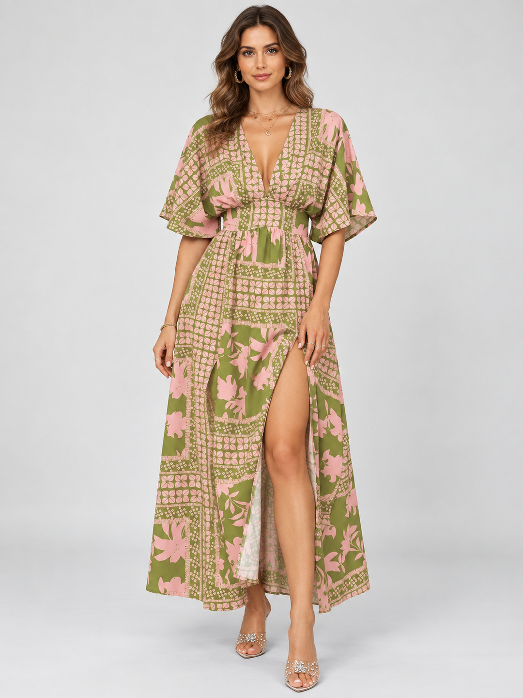 Multi Printed V Neck A-Line Ankle length Dress
