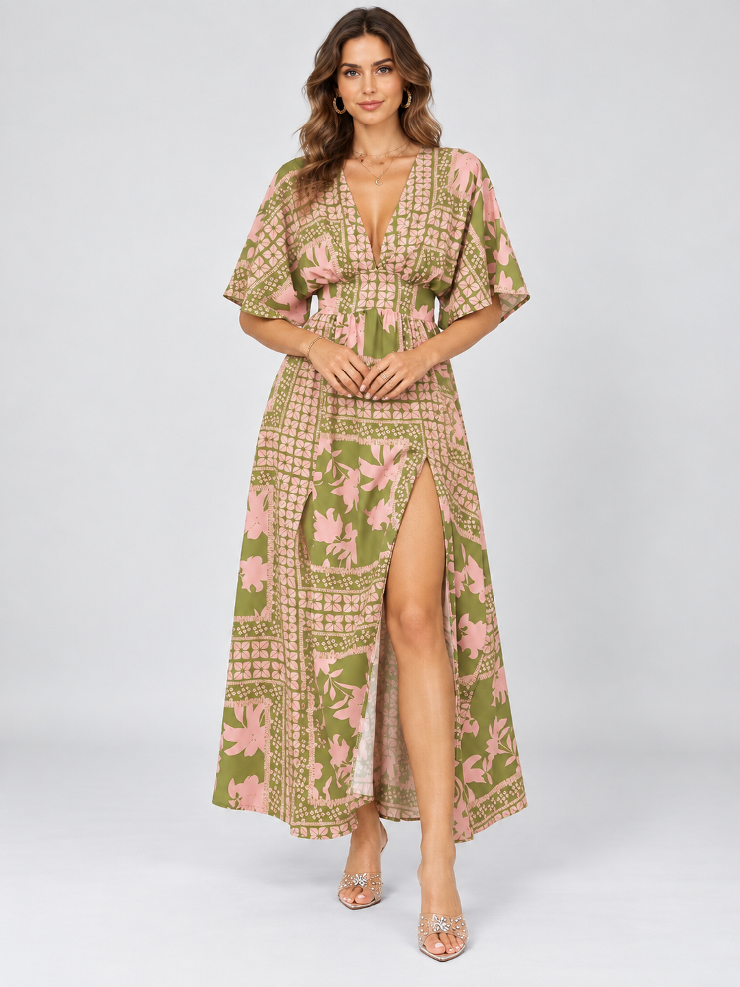 Multi Printed V Neck A-Line Ankle length Dress