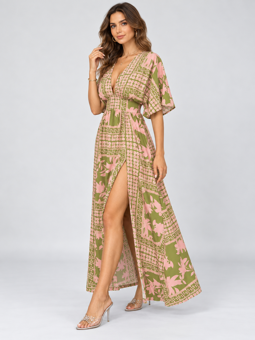 Multi Printed V Neck A-Line Ankle length Dress