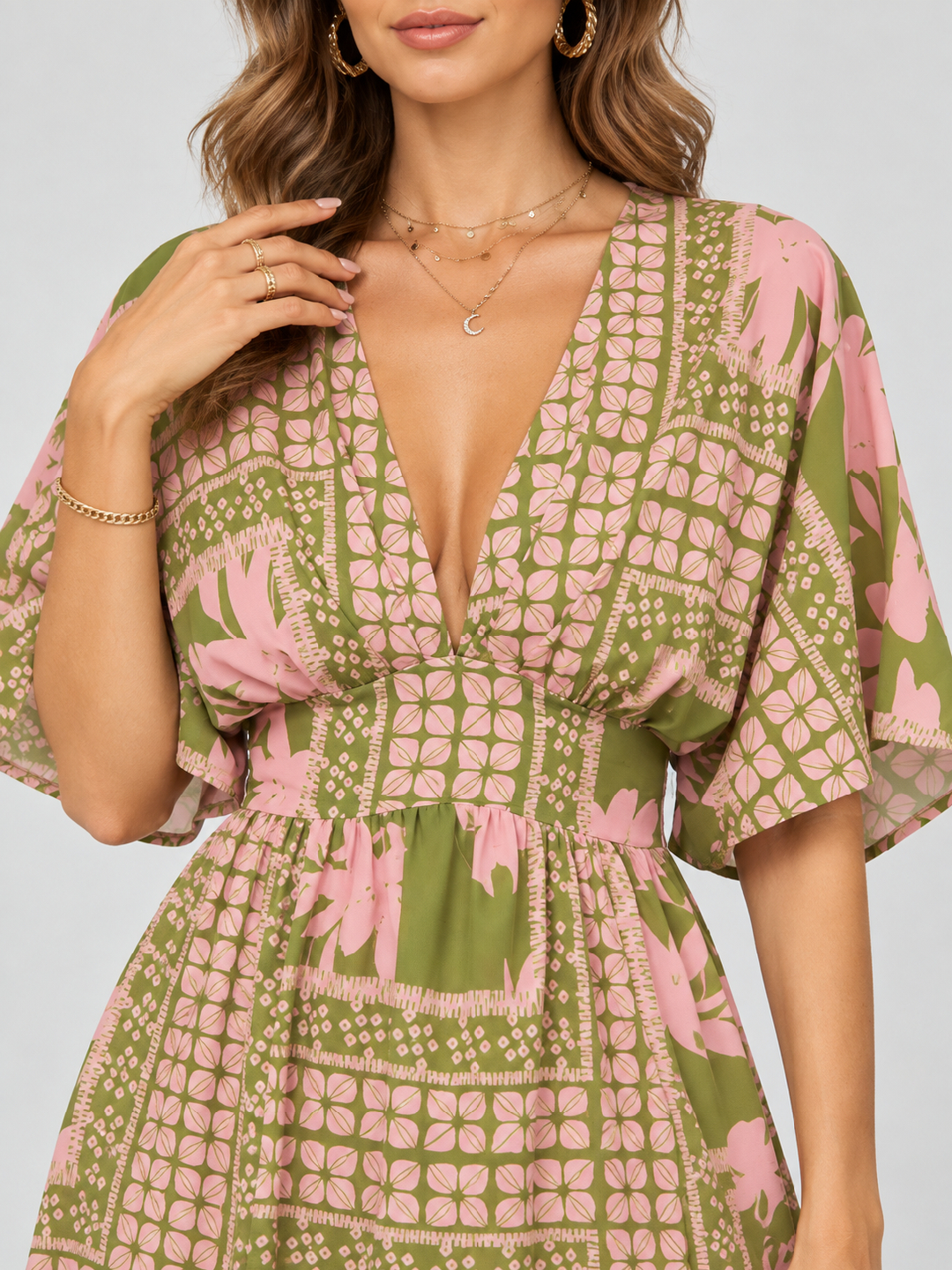 Multi Printed V Neck A-Line Ankle length Dress