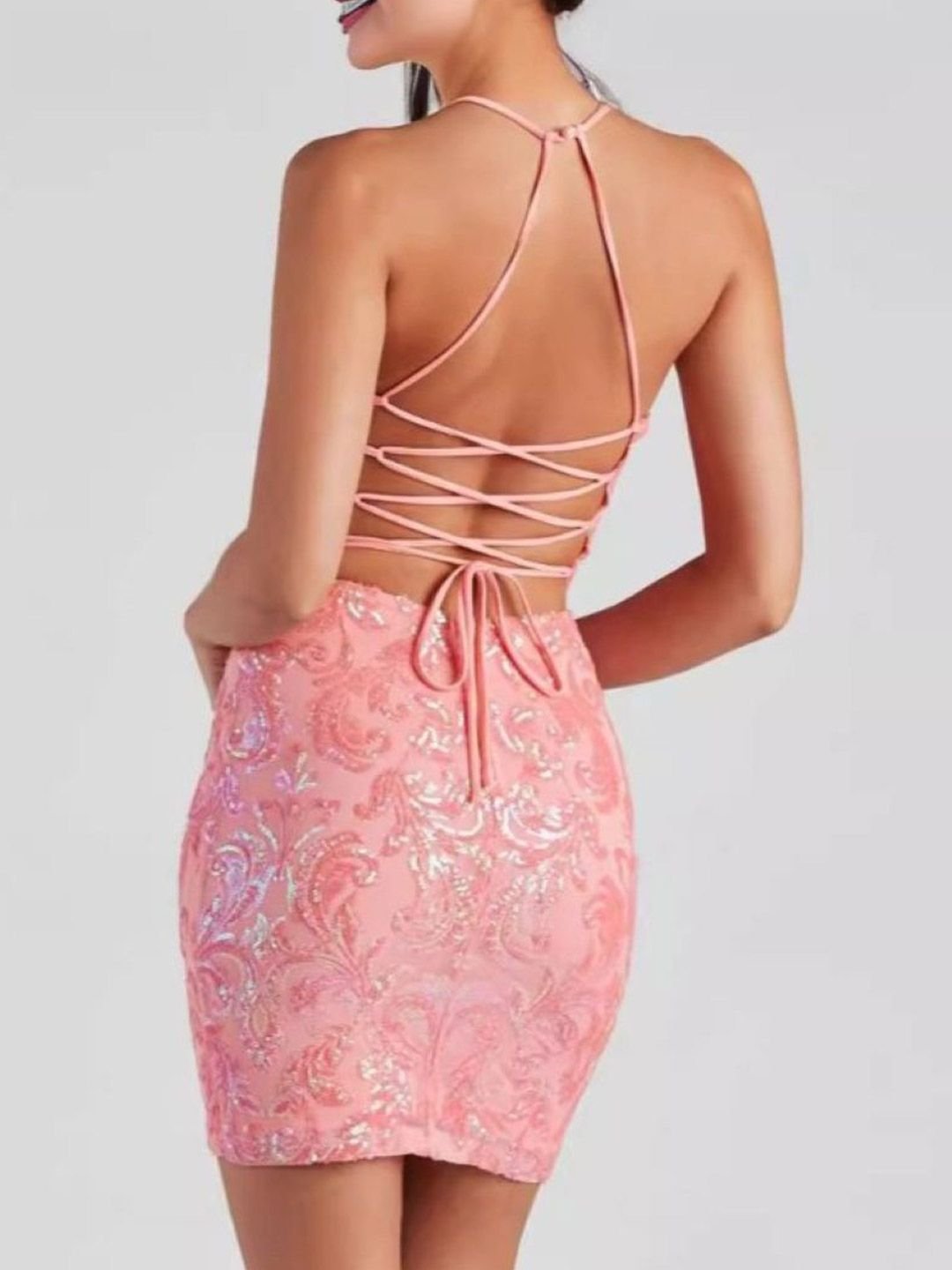 Pink Embroidered Straight Neck Bodycon Mini Dress