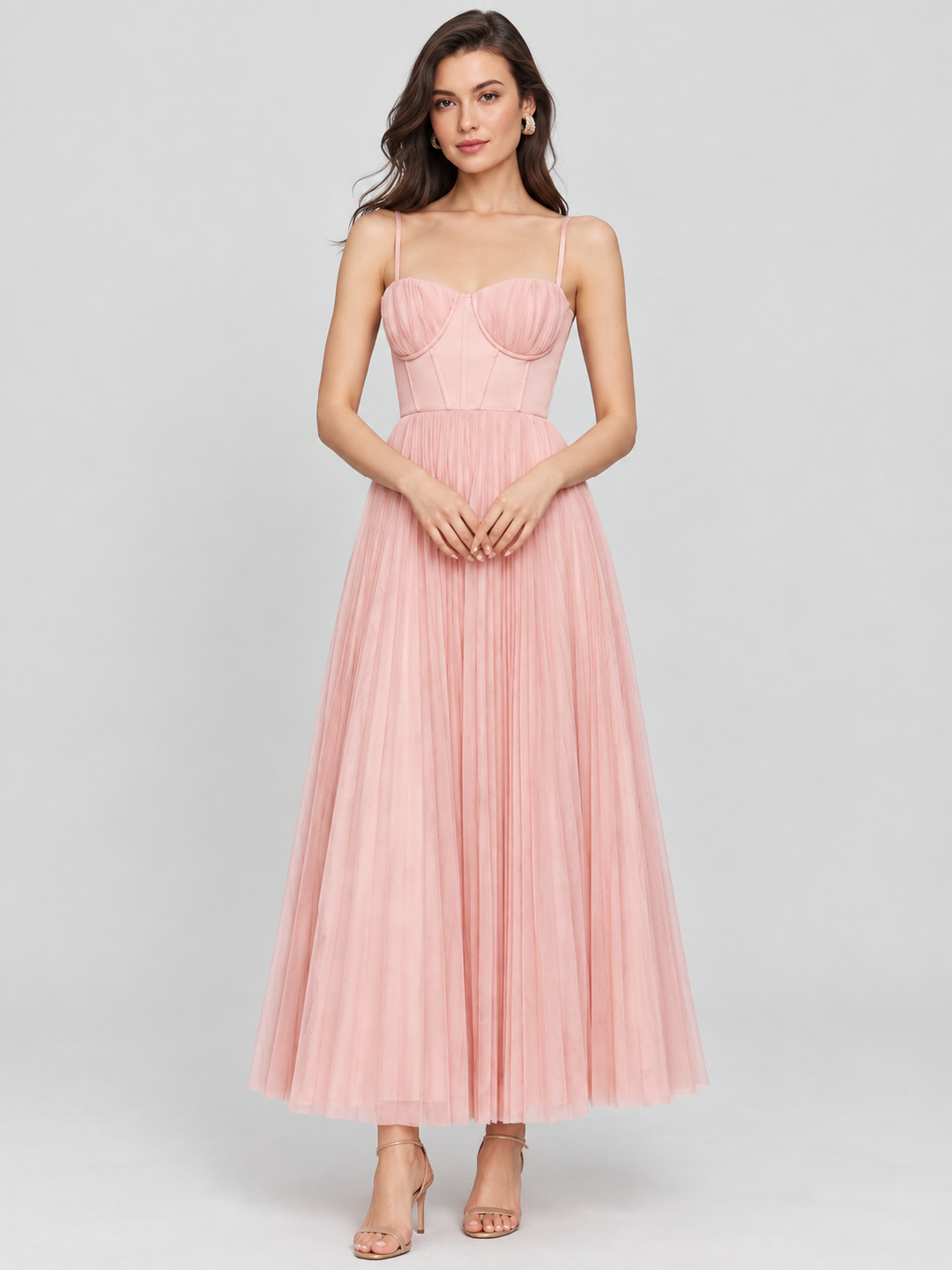 Pink Solid Sweetheart Neck Fit and Flare Ankle length Dress