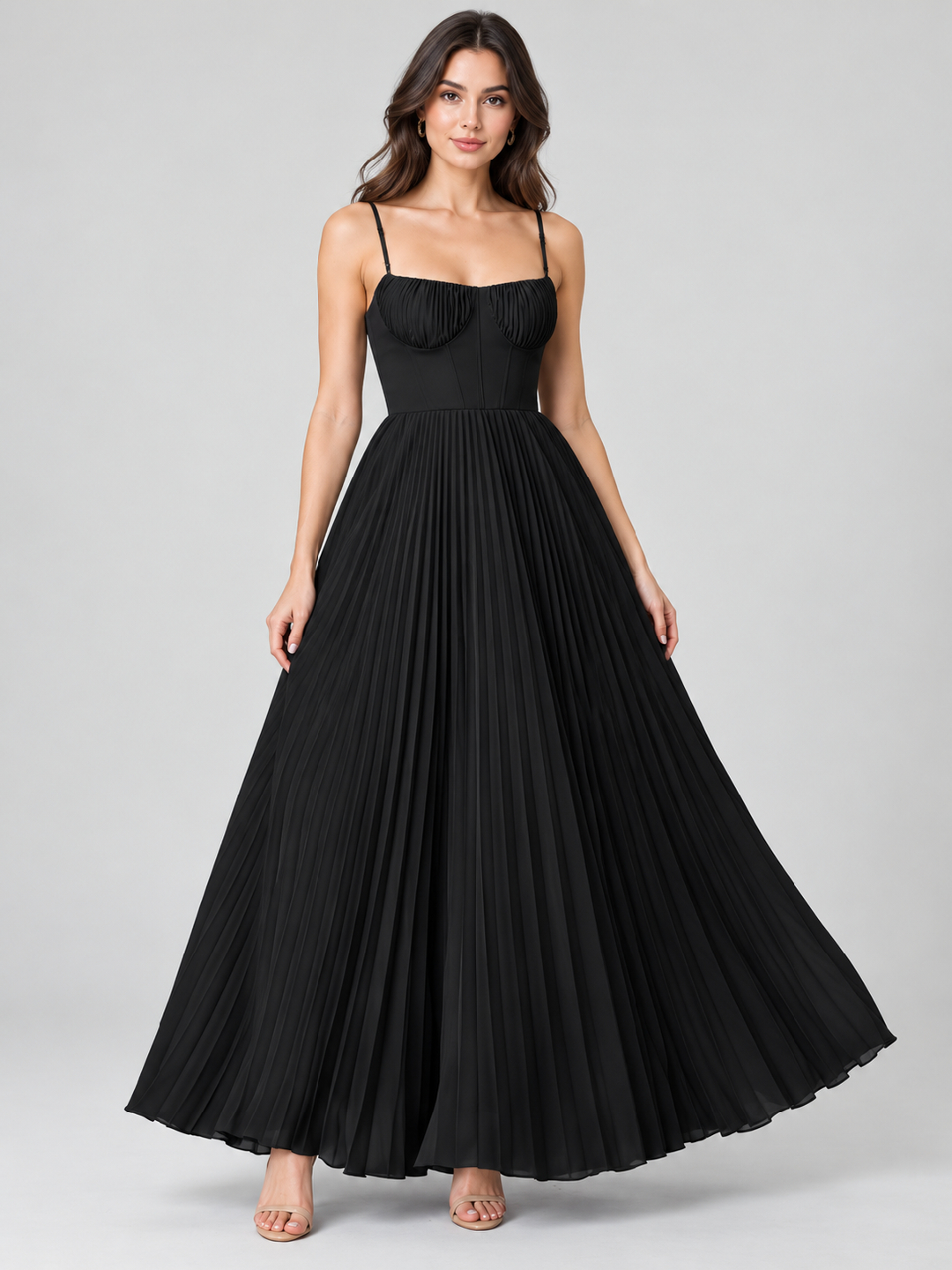 Black Solid Sweetheart Neck Fit and Flare Maxi Dress