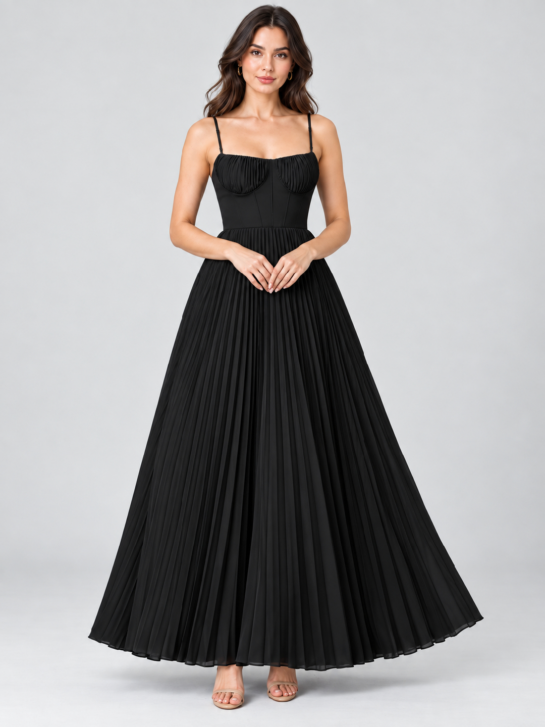 Black Solid Sweetheart Neck Fit and Flare Maxi Dress