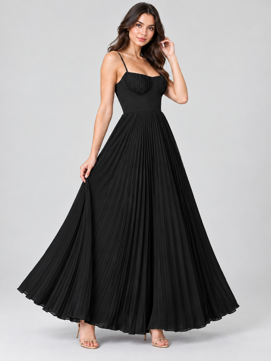 Black Solid Sweetheart Neck Fit and Flare Maxi Dress