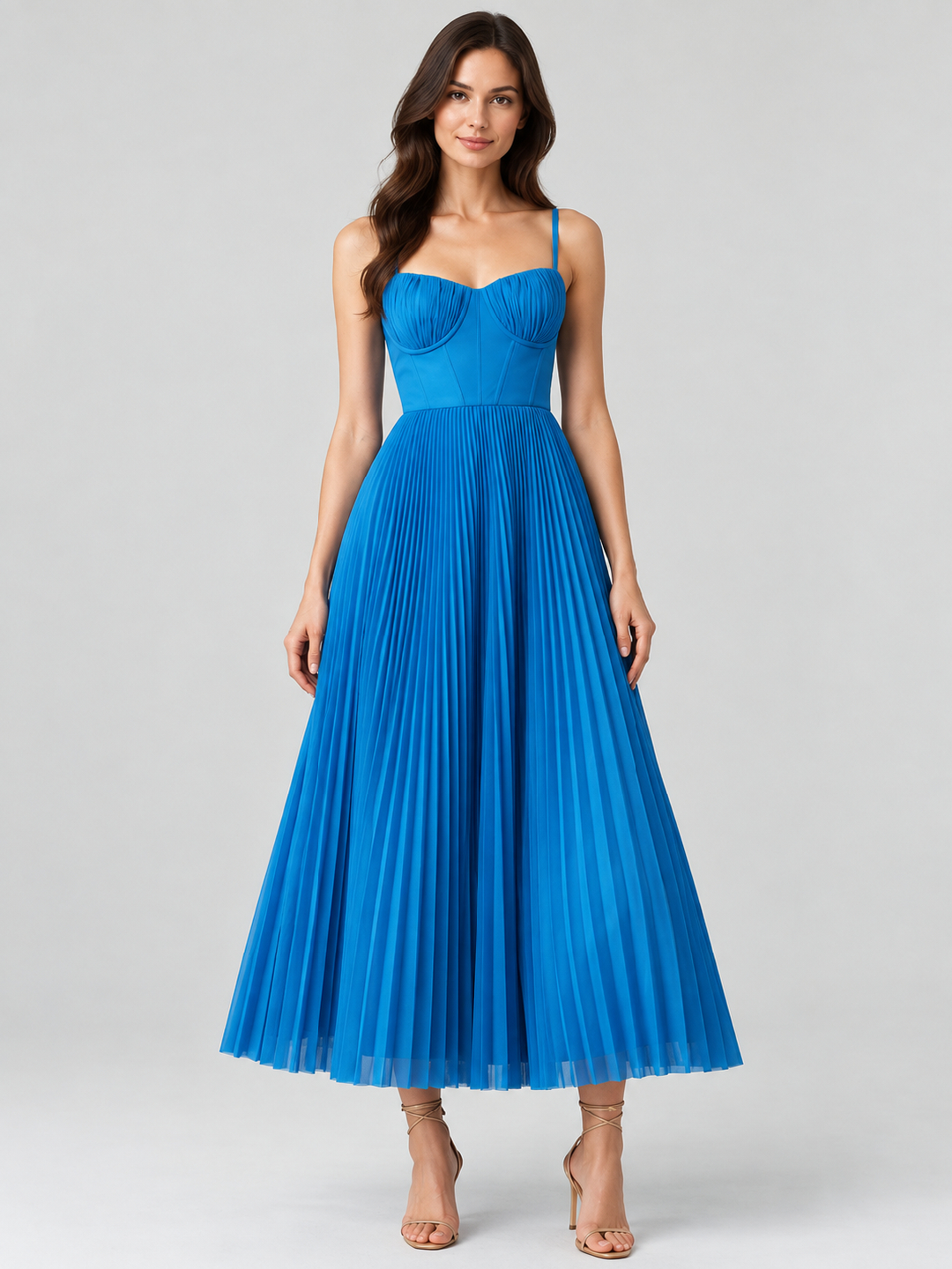 Blue Solid Sweetheart Neck Fit and Flare Midi Dress