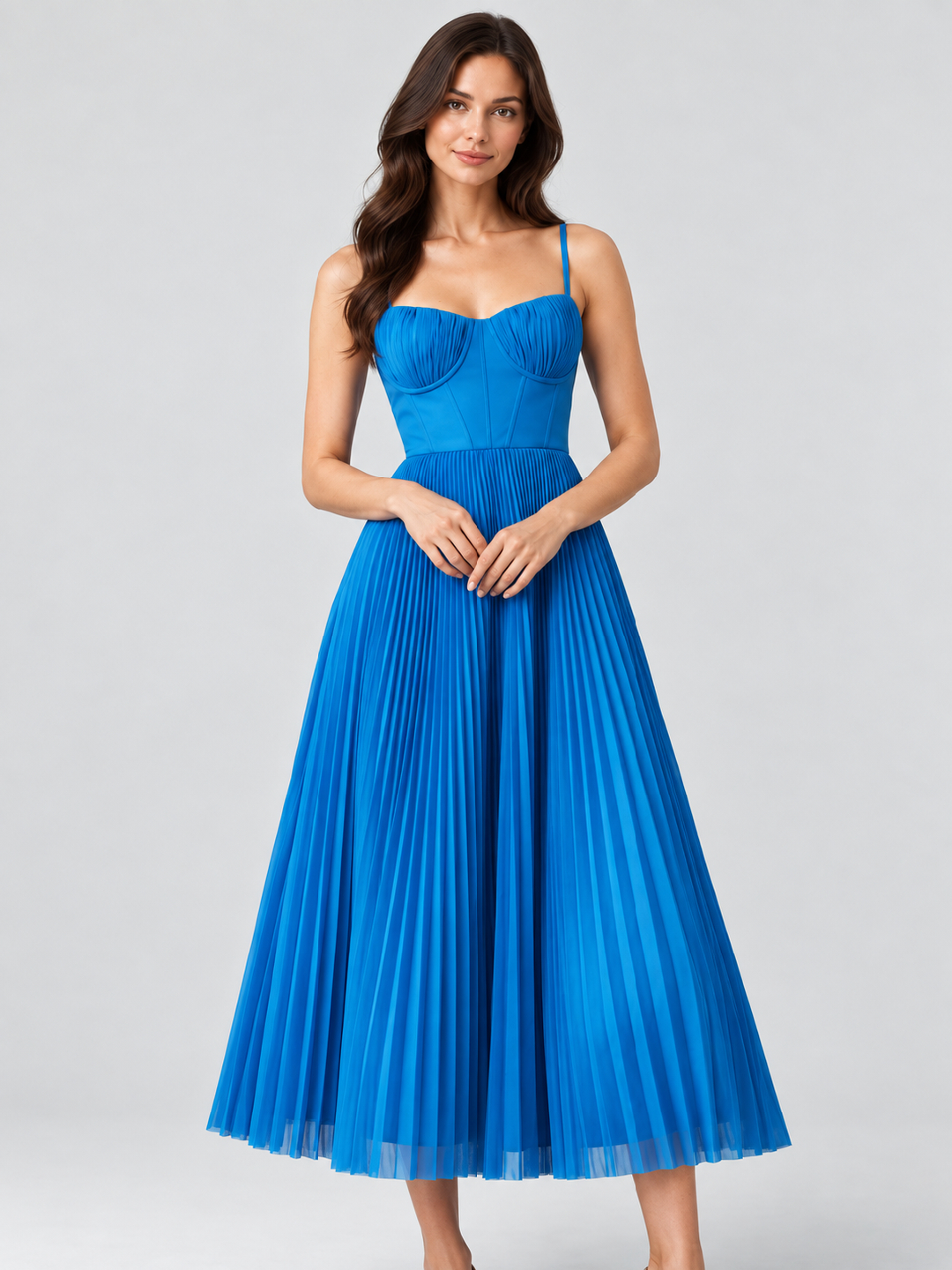 Blue Solid Sweetheart Neck Fit and Flare Midi Dress