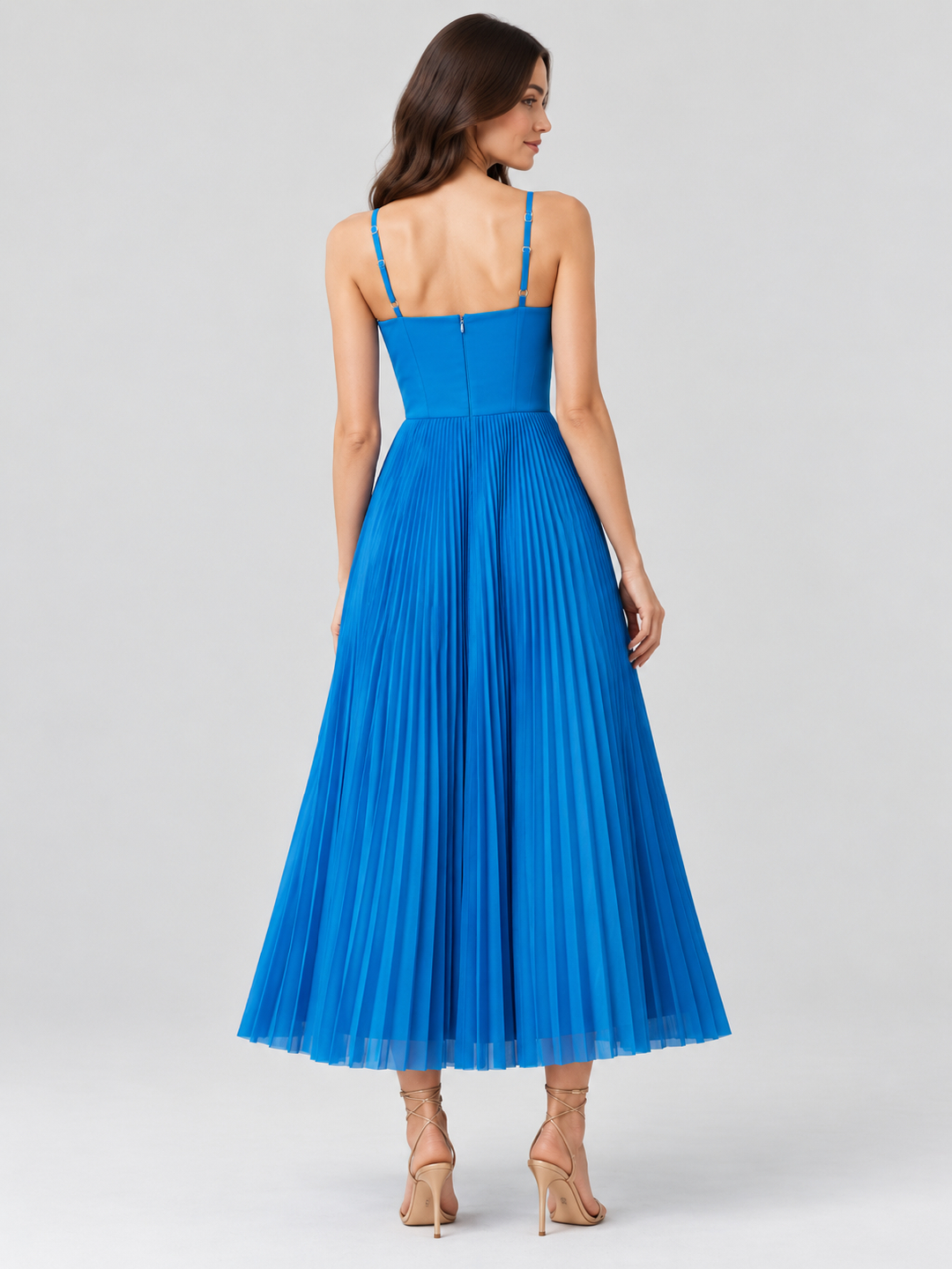 Blue Solid Sweetheart Neck Fit and Flare Midi Dress