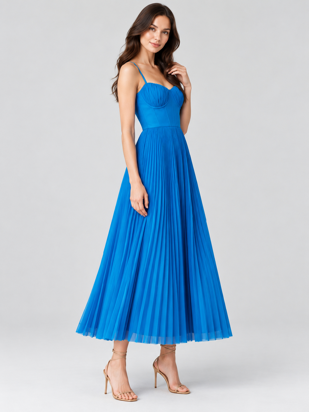 Blue Solid Sweetheart Neck Fit and Flare Midi Dress
