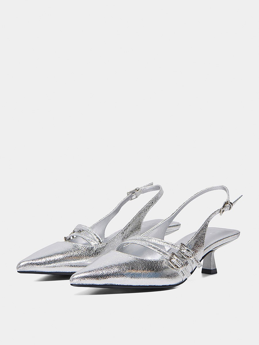 Silver Plain Buckle Pumps