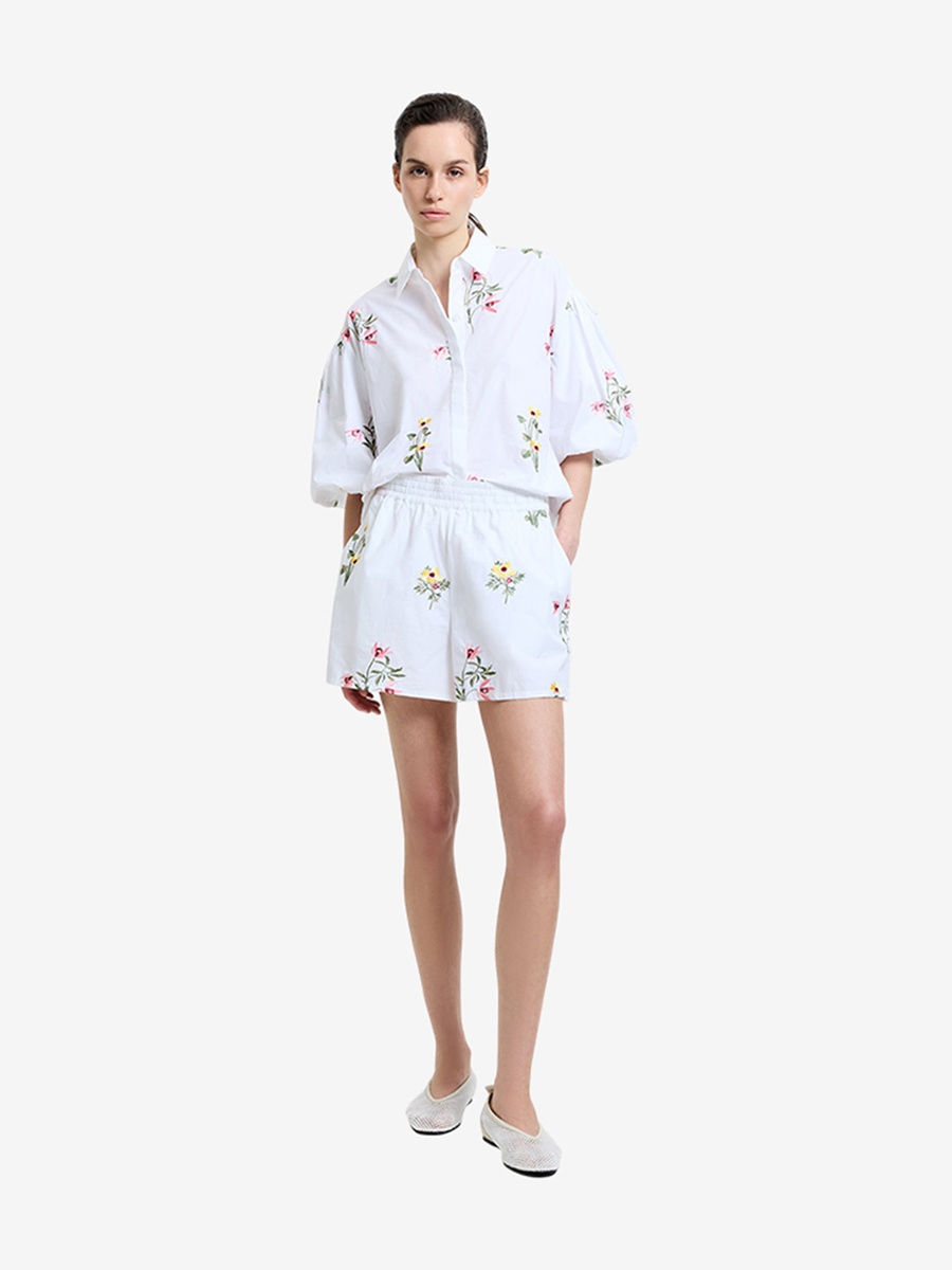  White Cotton Floral Embroidered Shorts