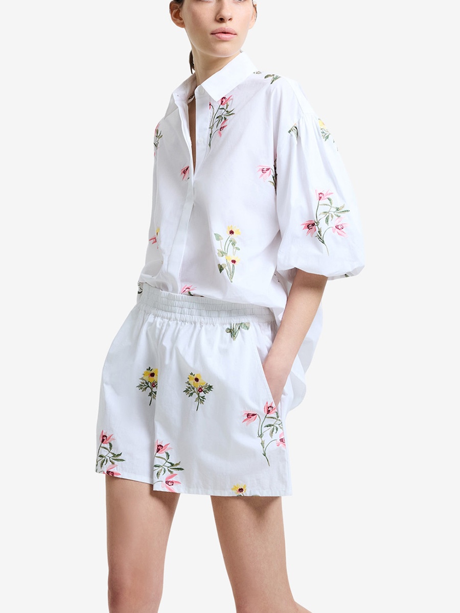  White Cotton Floral Embroidered Shorts