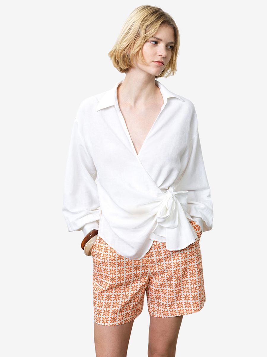 White Ariette Linen Blend Wrap Over Top