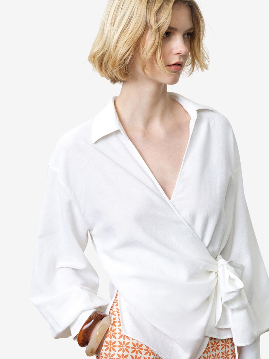 White Ariette Linen Blend Wrap Over Top