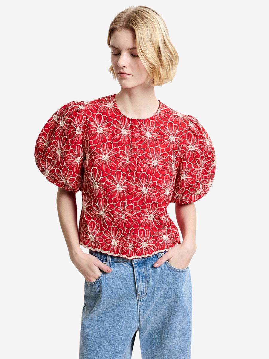 Red Embroidered Button Through Top