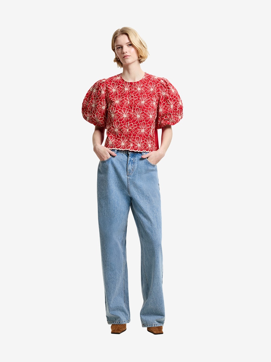 Red Embroidered Button Through Top