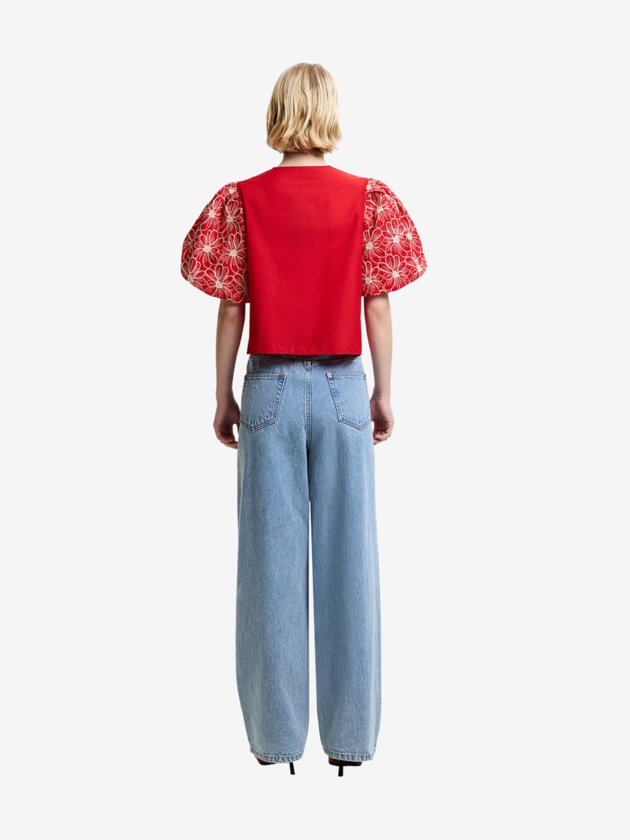 Red Embroidered Button Through Top