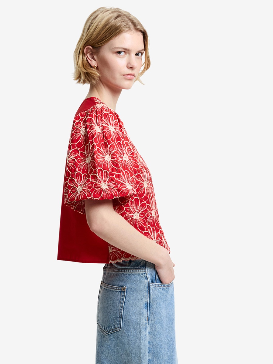 Red Embroidered Button Through Top