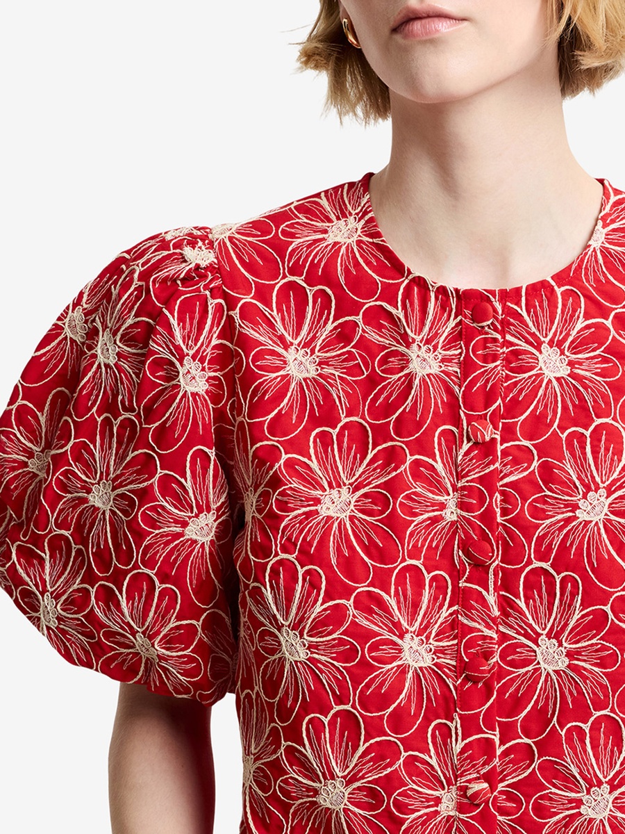 Red Embroidered Button Through Top