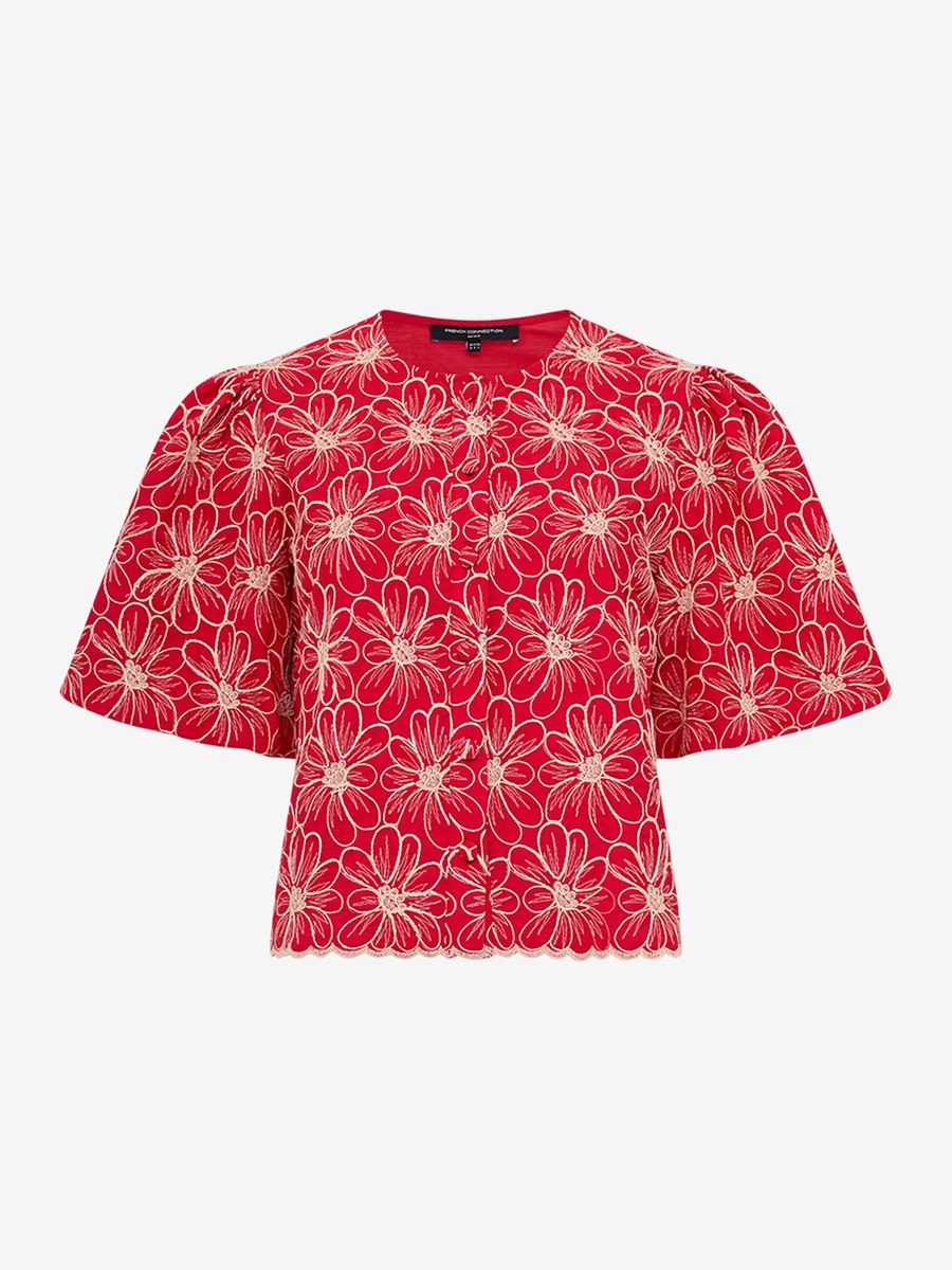 Red Embroidered Button Through Top