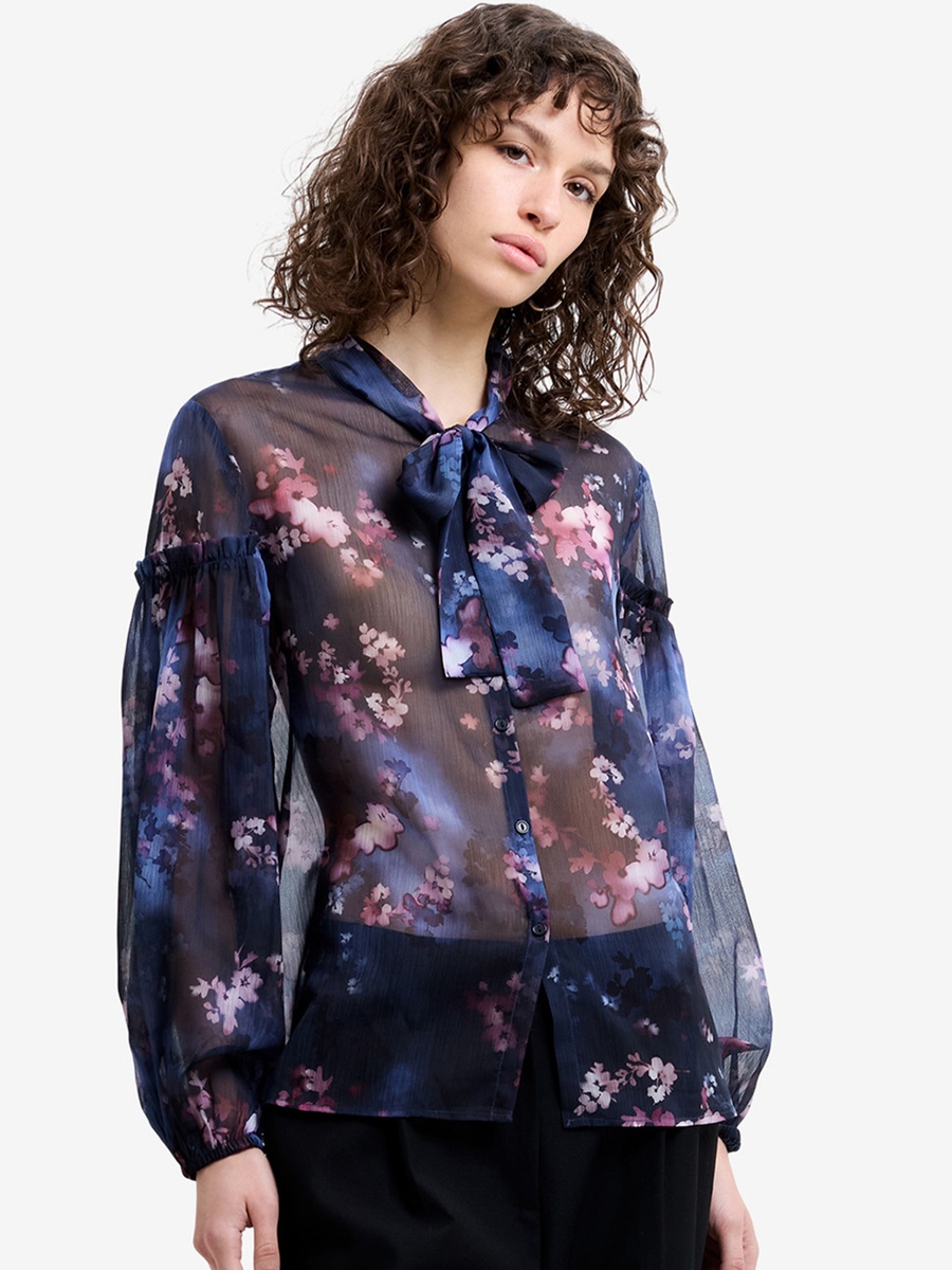 Navy Bow Tie Sheer Top