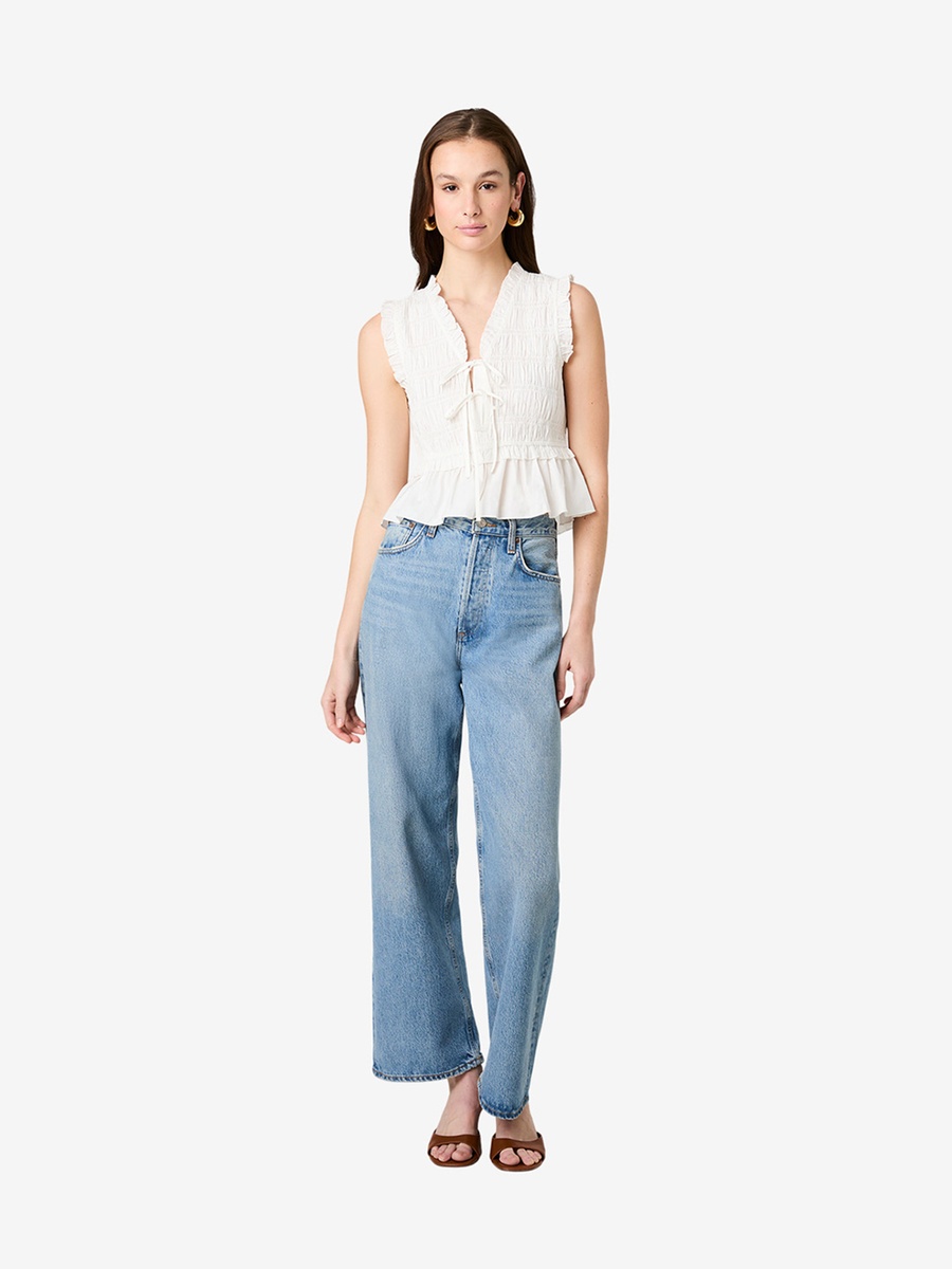 Off White Smocked Tie-Front Top