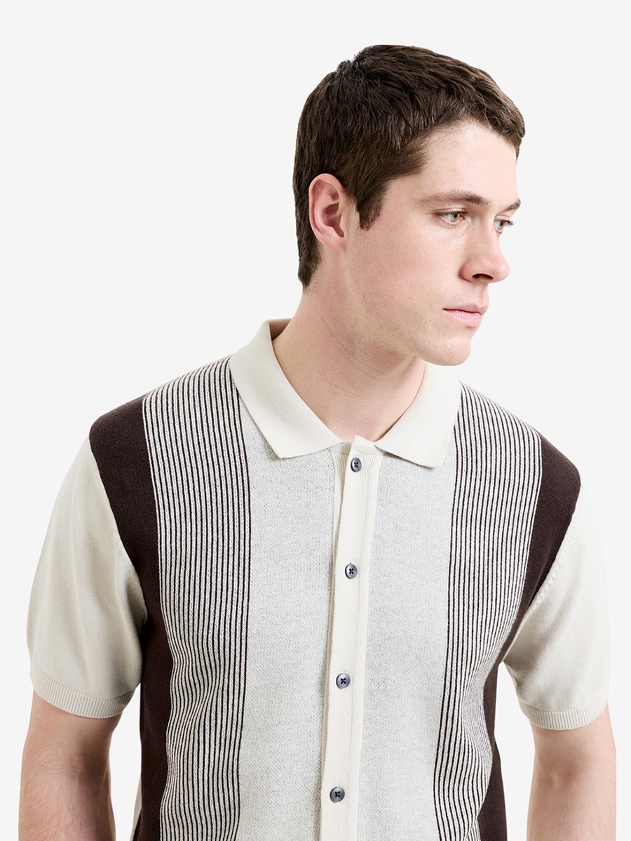 Cream Striped Knit Polo T-Shirt