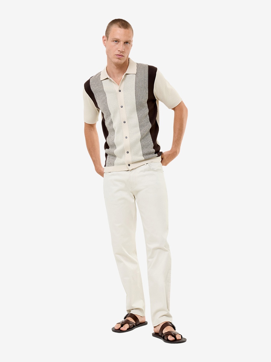 Cream Striped Knit Polo T-Shirt