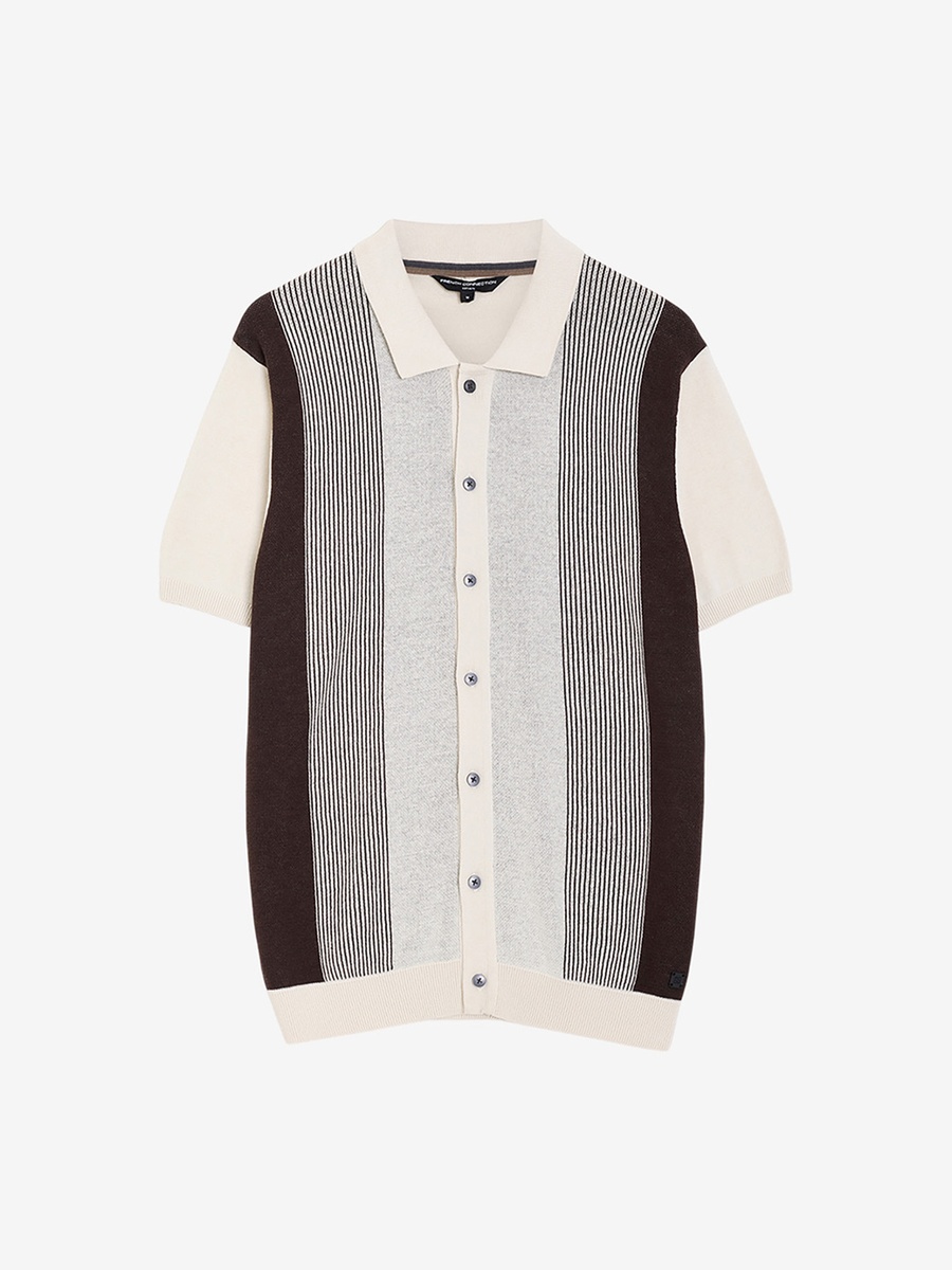 Cream Striped Knit Polo T-Shirt