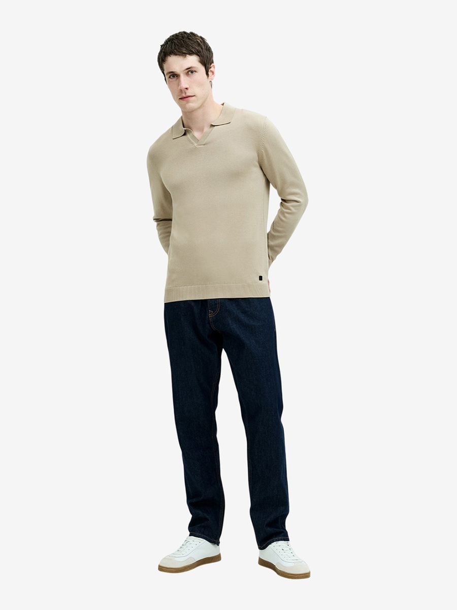 Beige Open Collar Long Sleeve Knit Top