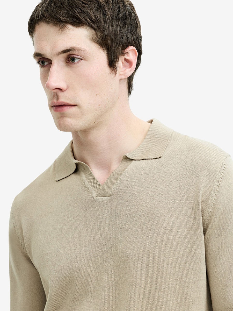 Beige Open Collar Long Sleeve Knit Top