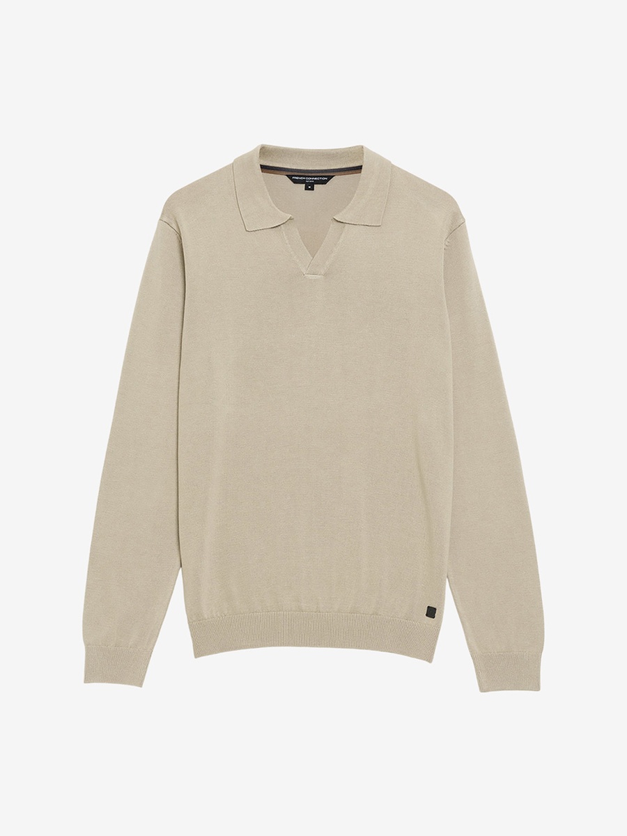 Beige Open Collar Long Sleeve Knit Top