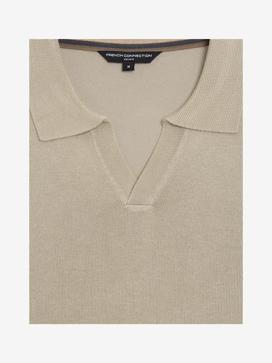 Beige Open Collar Long Sleeve Knit Top