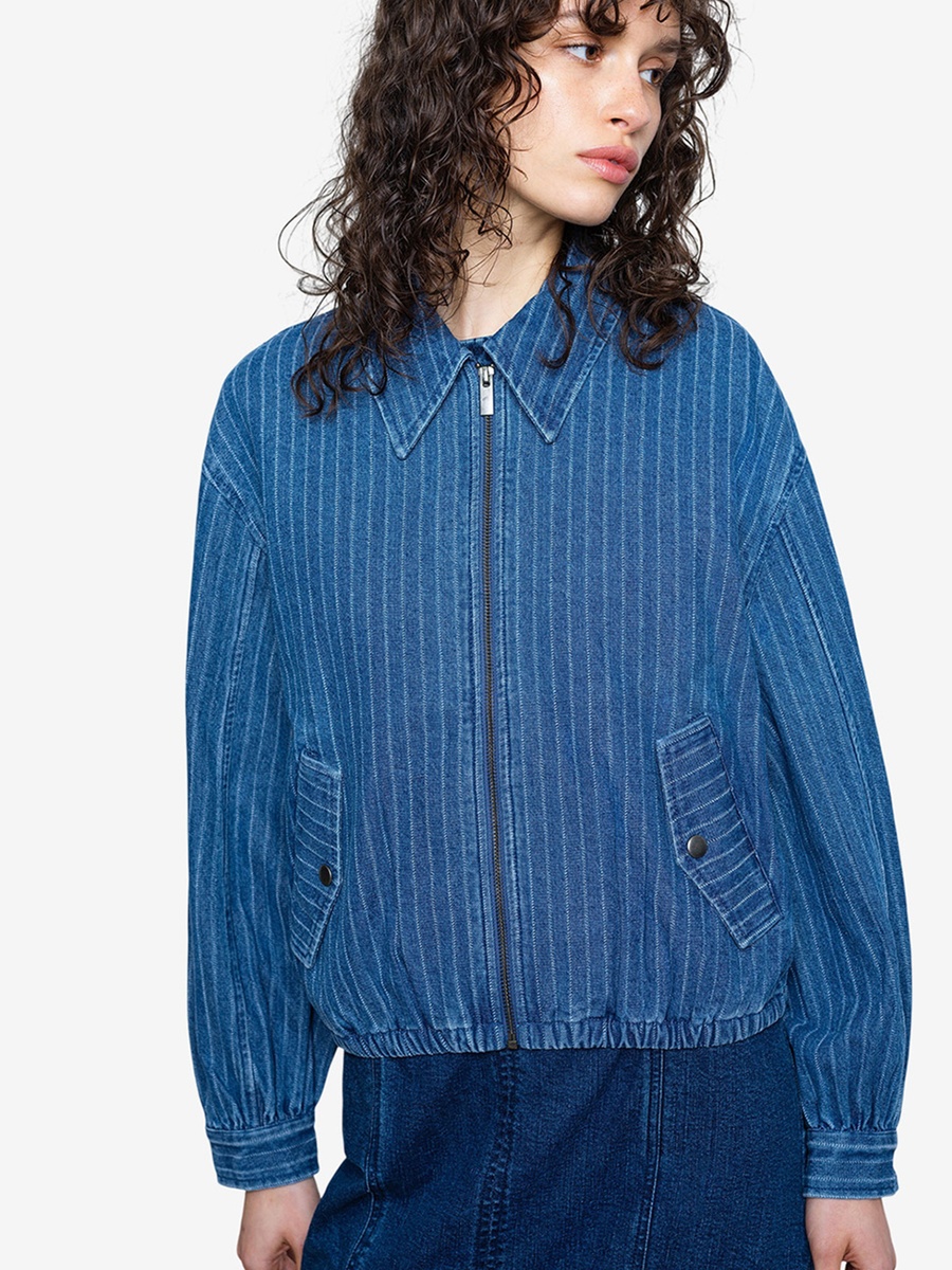 Blue Pinstripe Denim Zip-Up Bomber Jacket