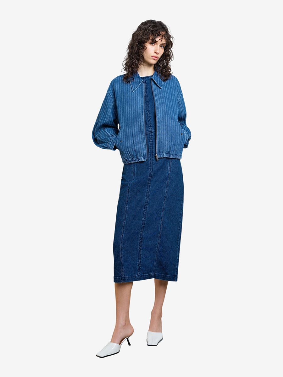 Blue Pinstripe Denim Zip-Up Bomber Jacket