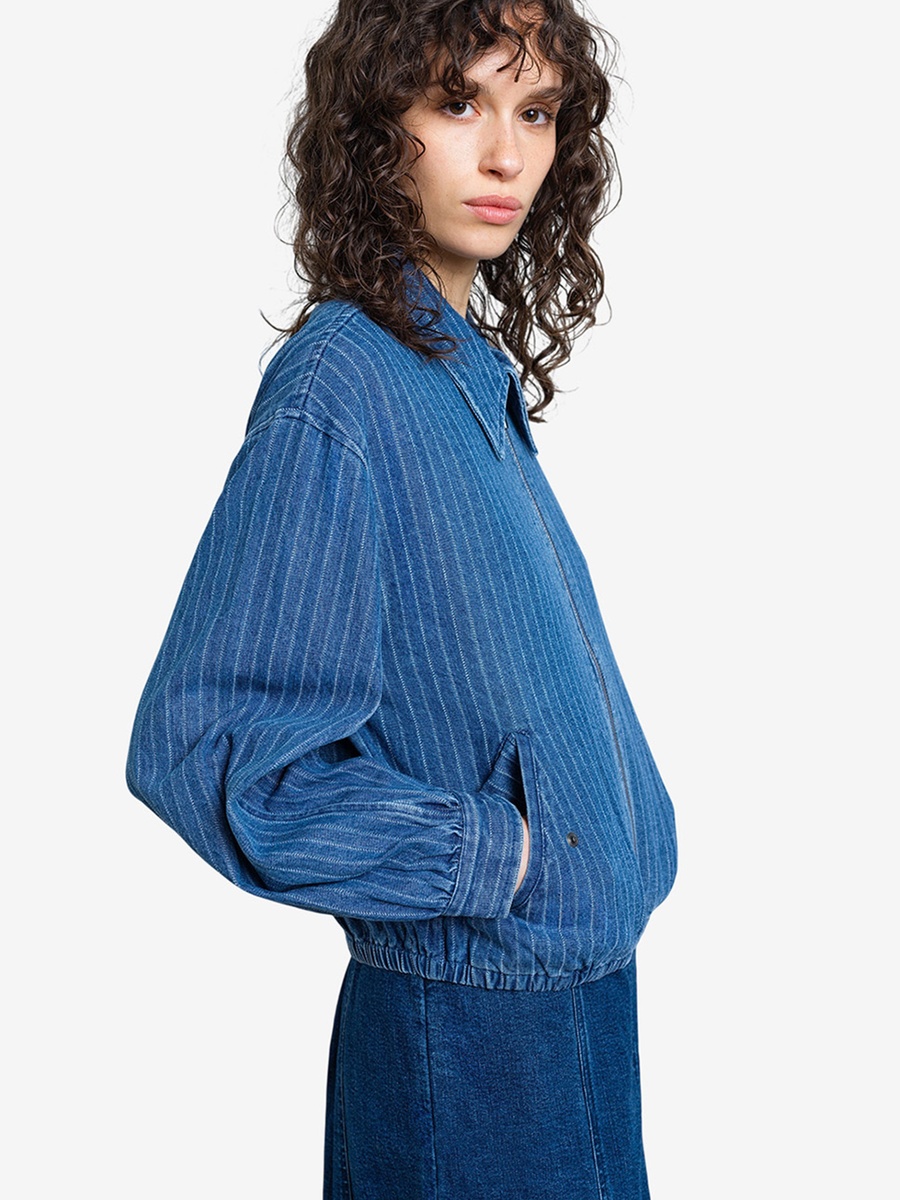 Blue Pinstripe Denim Zip-Up Bomber Jacket