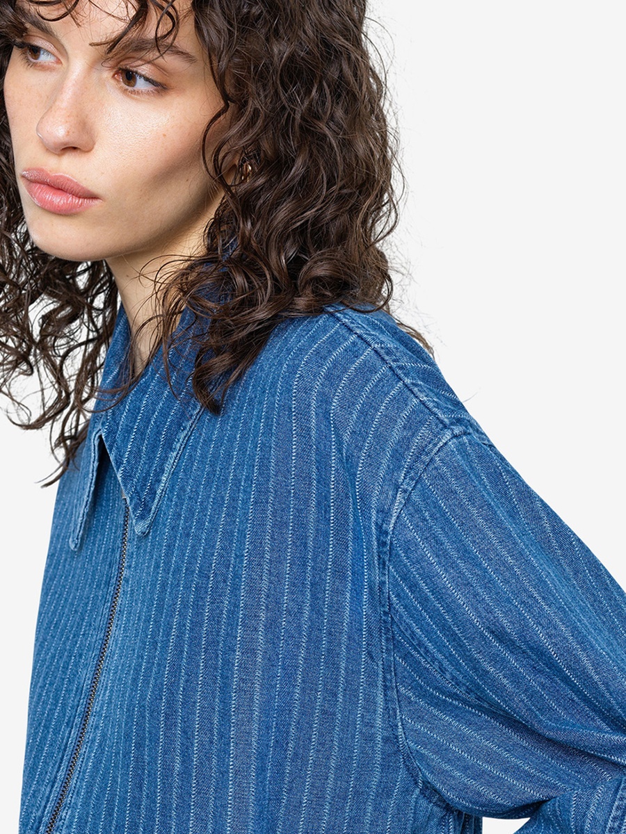 Blue Pinstripe Denim Zip-Up Bomber Jacket