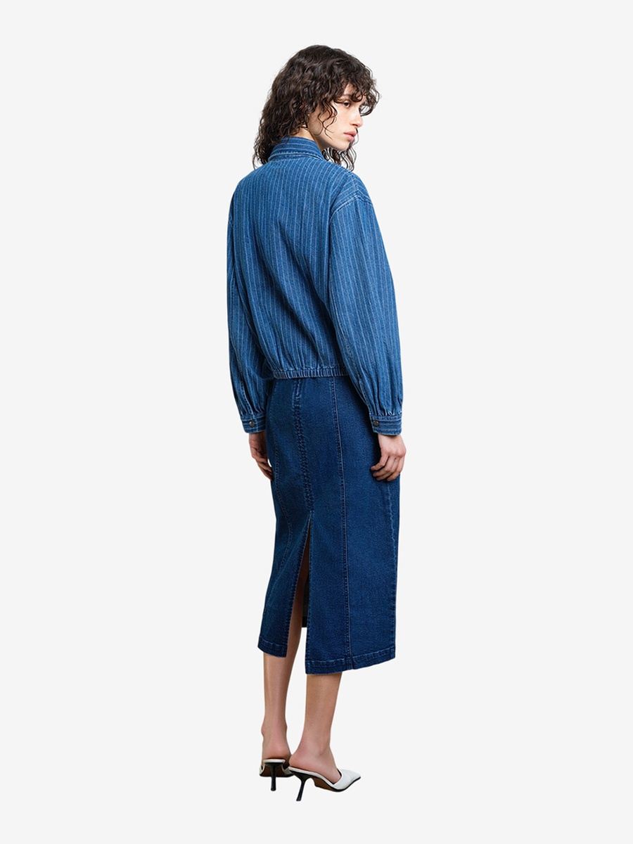 Blue Pinstripe Denim Zip-Up Bomber Jacket