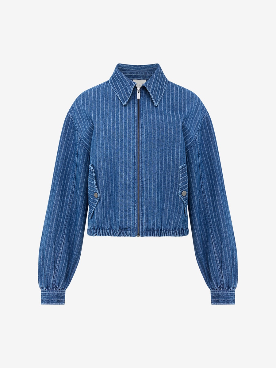 Blue Pinstripe Denim Zip-Up Bomber Jacket