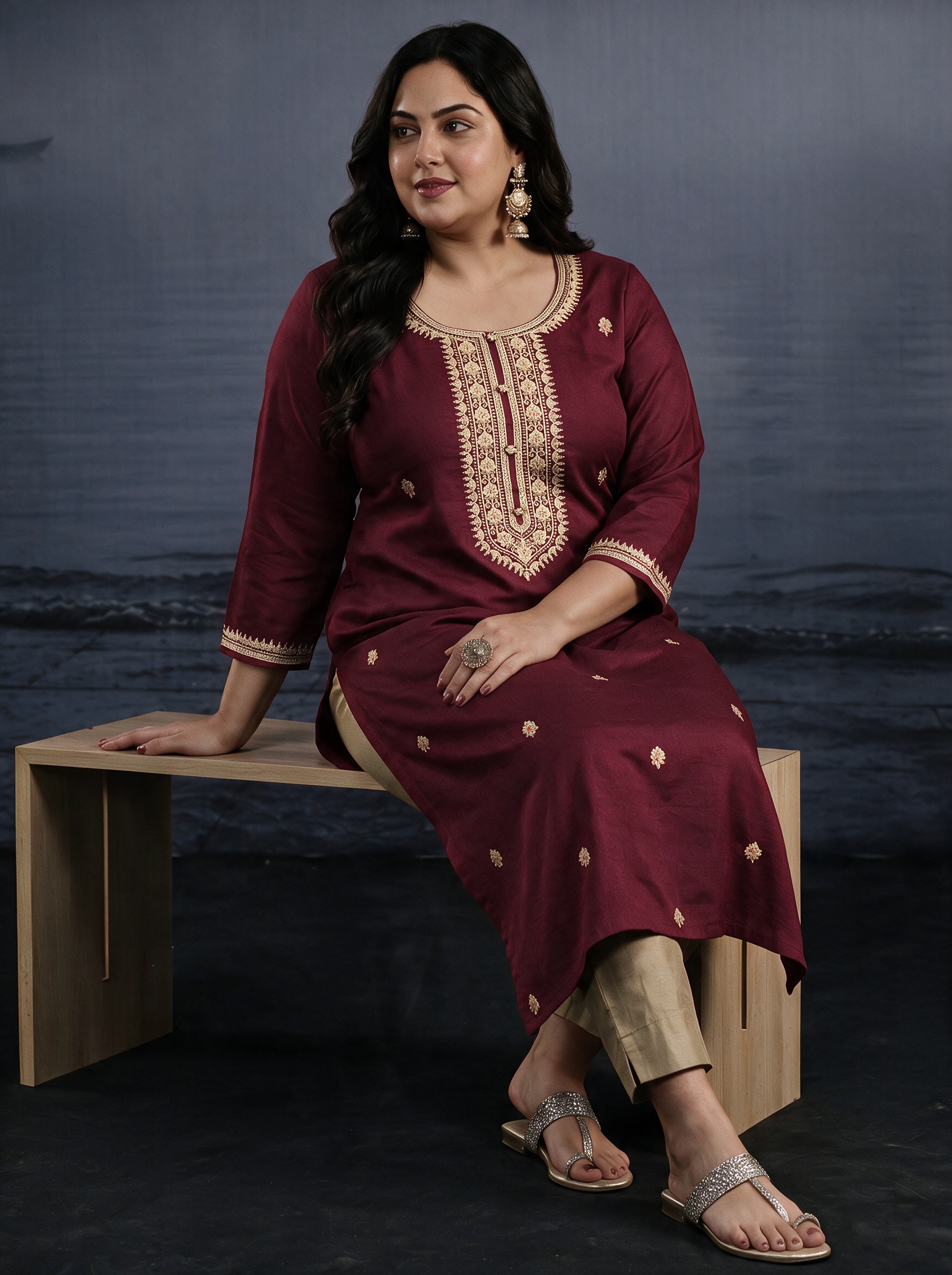 Maroon Embroidered Kurta