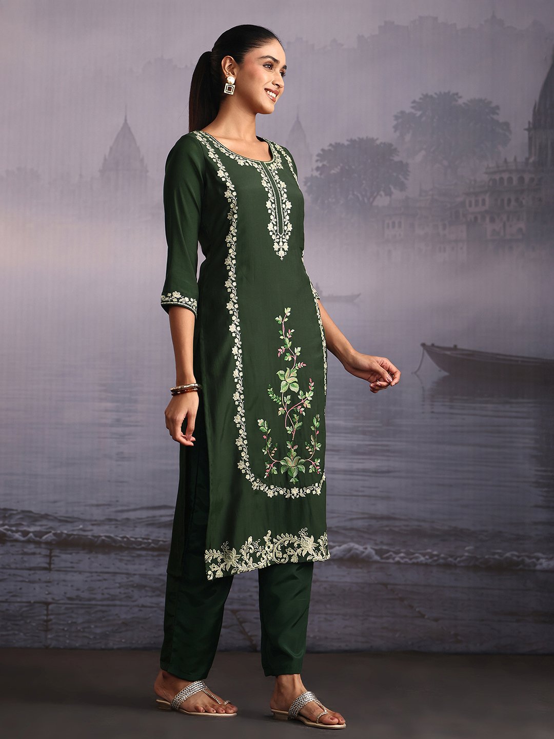 Green Embroidered Kurta Set