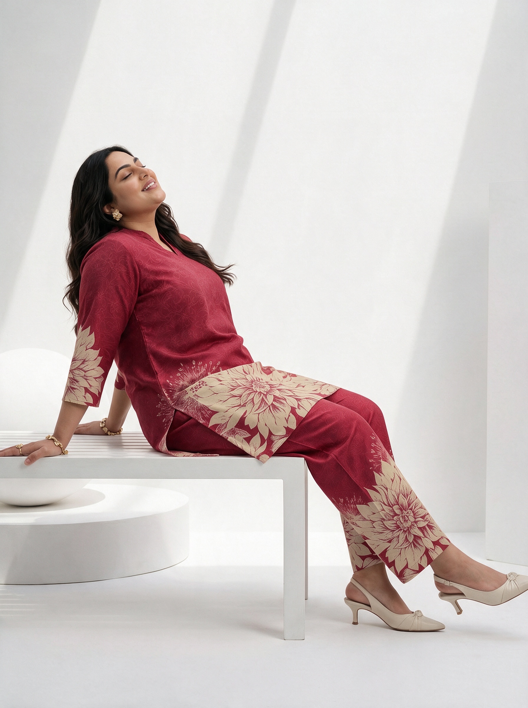 Maroon Printed Top and Straight Leg Co-Ords
