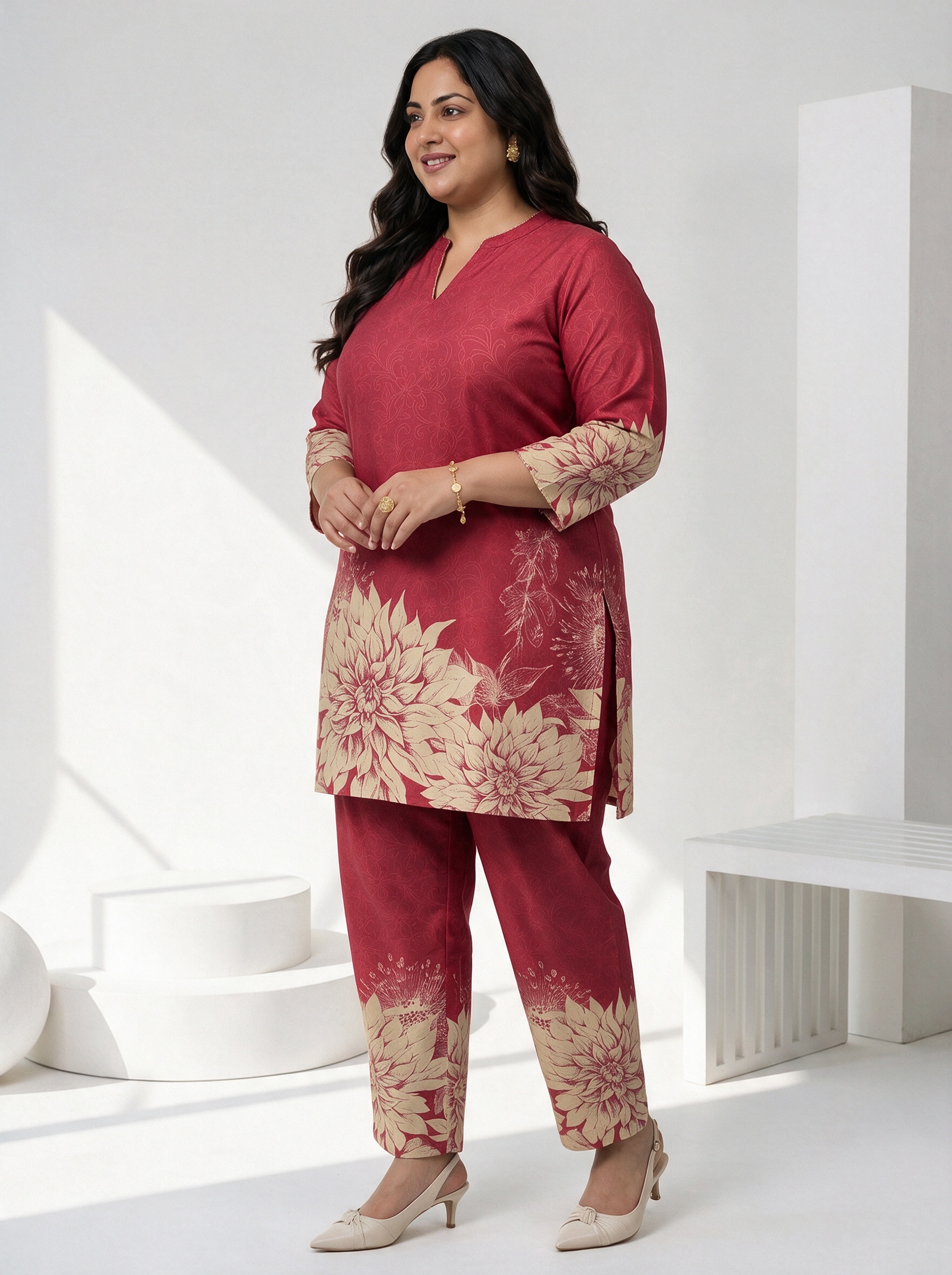 Maroon Printed Top and Straight Leg Co-Ords